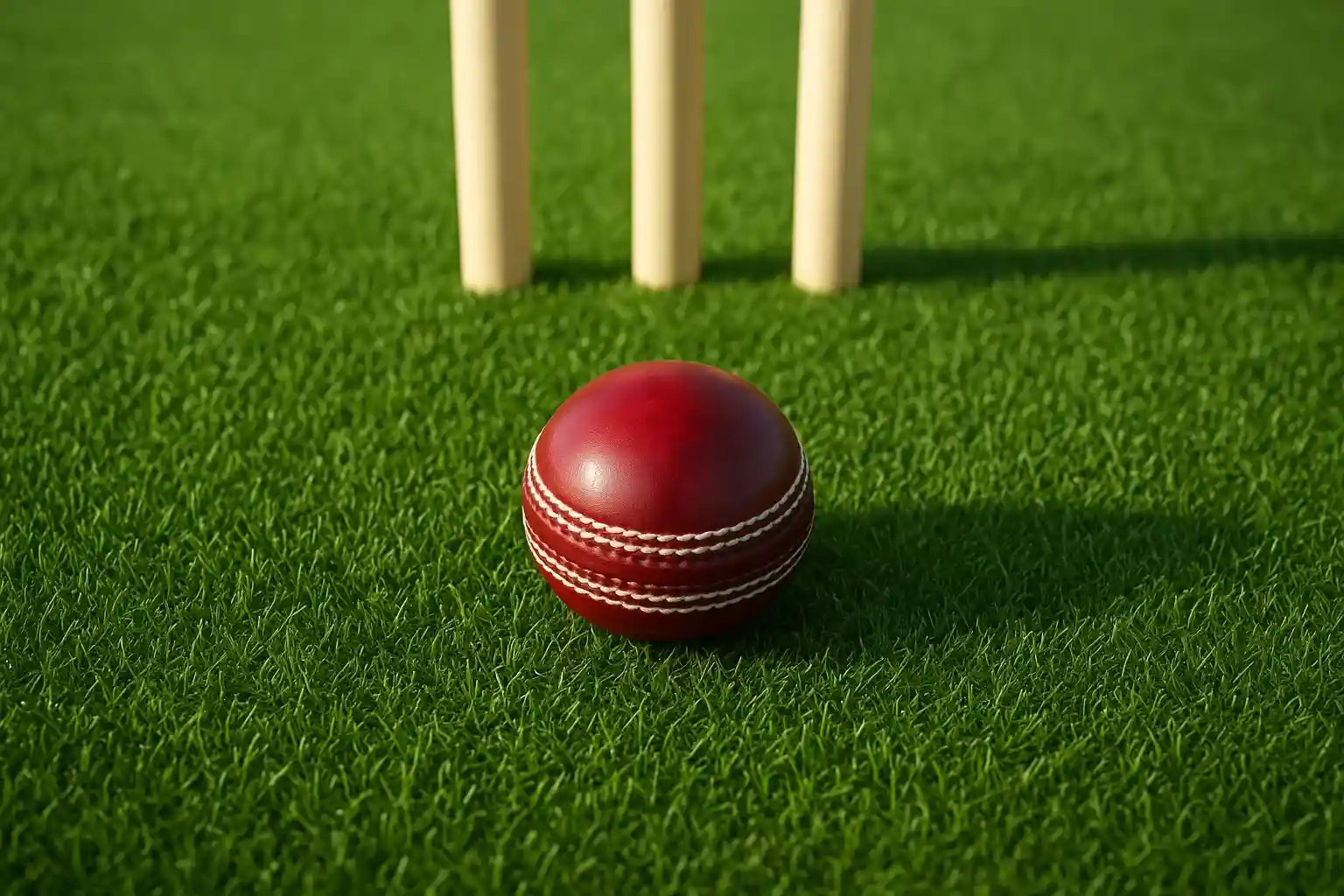 Cricket Ball At Dusk Red cricket ball on mown pitch grass with stumps at dusk