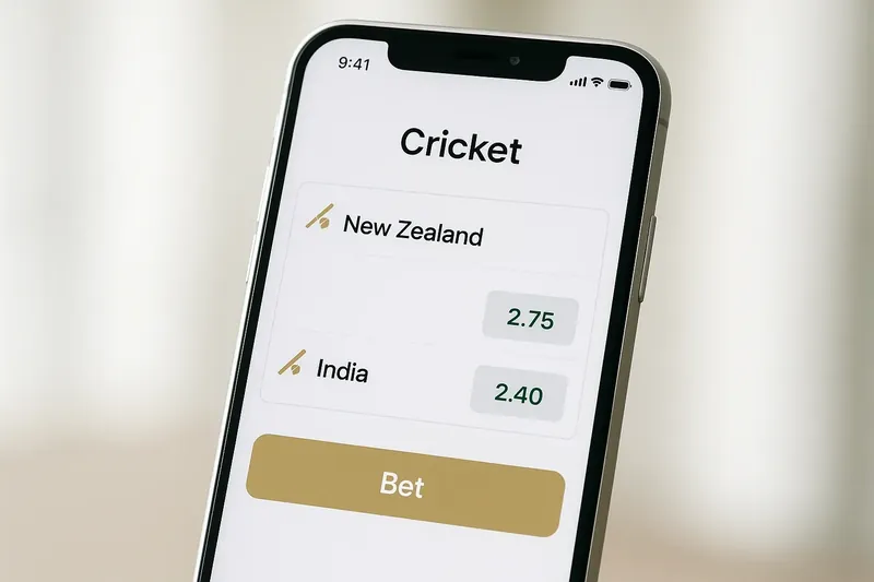 Modern sports betting app on phone showing cricket match odds