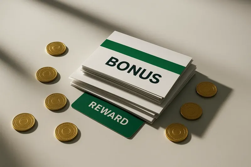 Stack of casino bonus vouchers and reward cards with gold coins