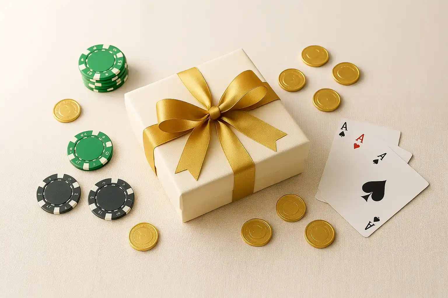 Premium gift box with casino chips, cards, and gold coins