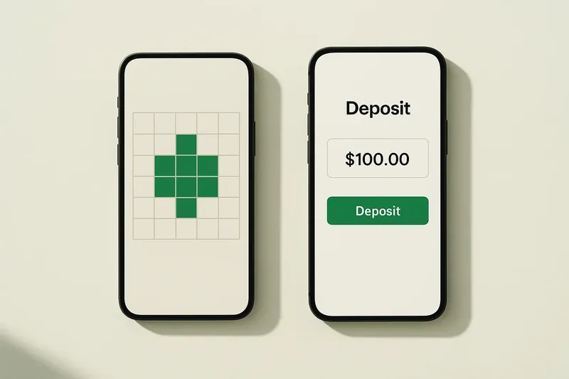 Two smartphones on cream background showing game grid and deposit screen