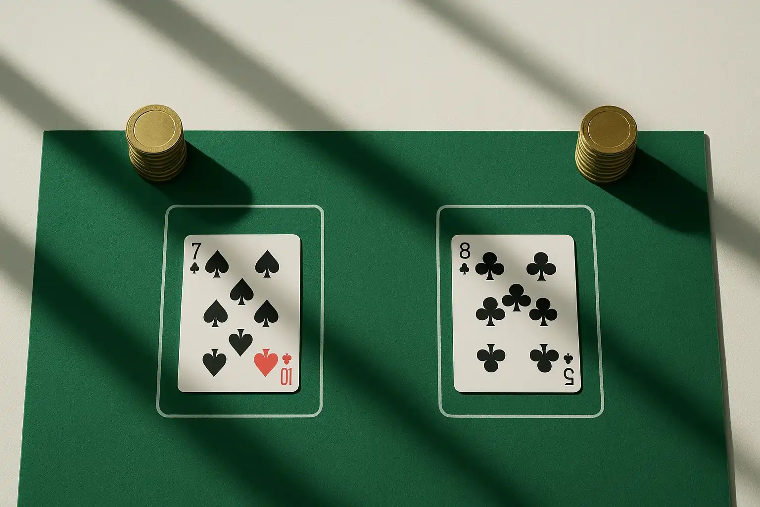 Overhead live baccarat table with gold chip towers and geometric shadows