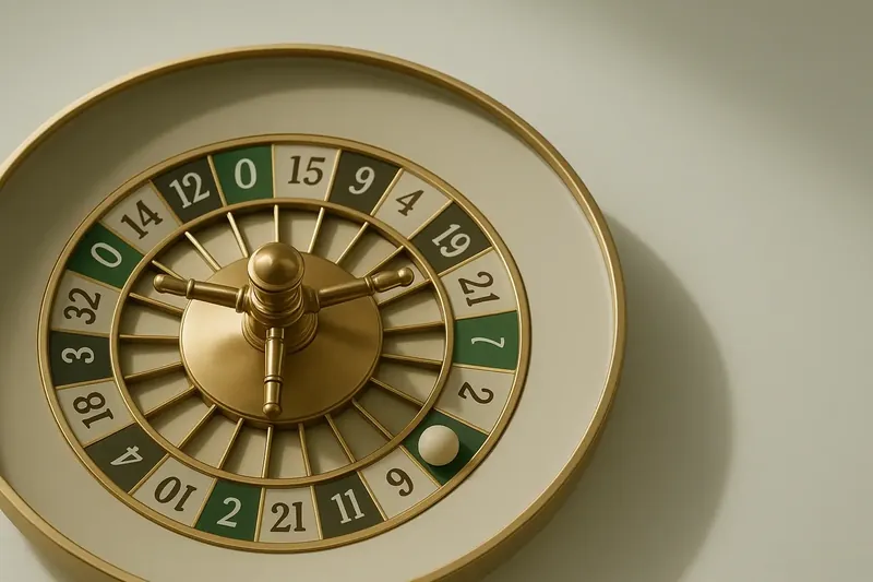 Close-up overhead of roulette wheel center with gold accents
