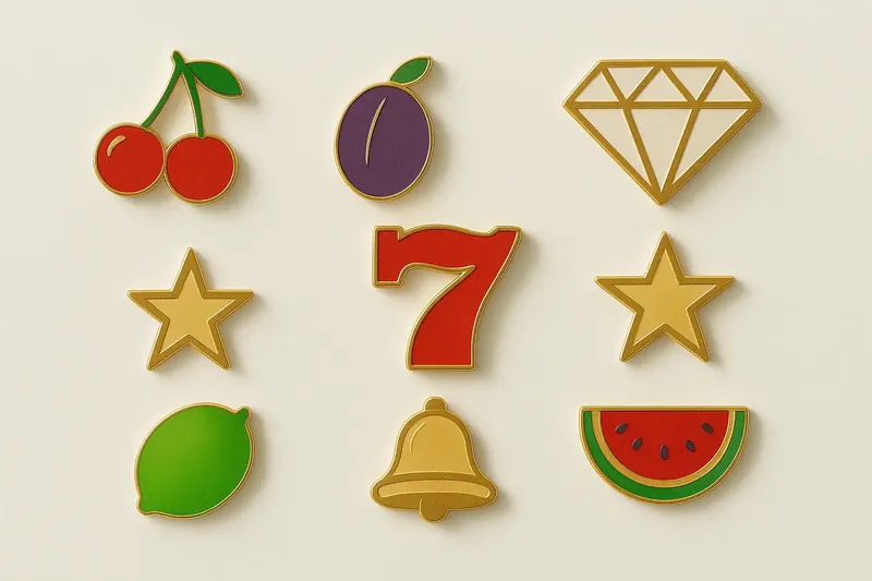 Assorted casino slot game icons with fruit, diamonds, lucky sevens, and stars